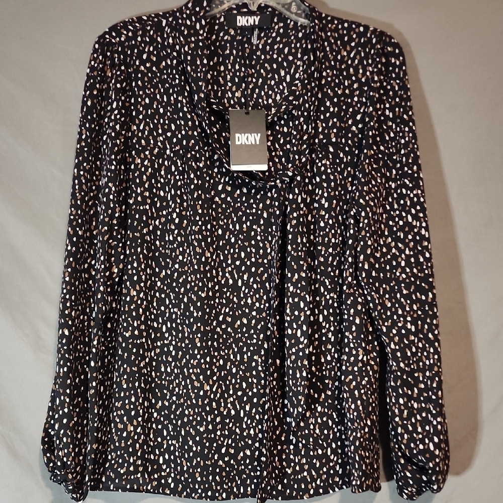 DKNY NWT Women's Black and Cream Speckled Blouse